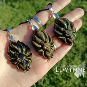 Pendentif Renard (Kitsune) en Obsidienne dorée