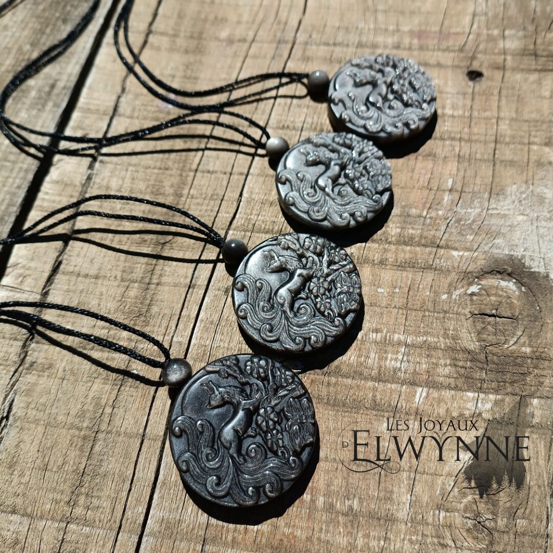 Pendentif Kitsune (Renard) en Obsidienne argentée et sa perle en Obsidienne argentée – Image 2