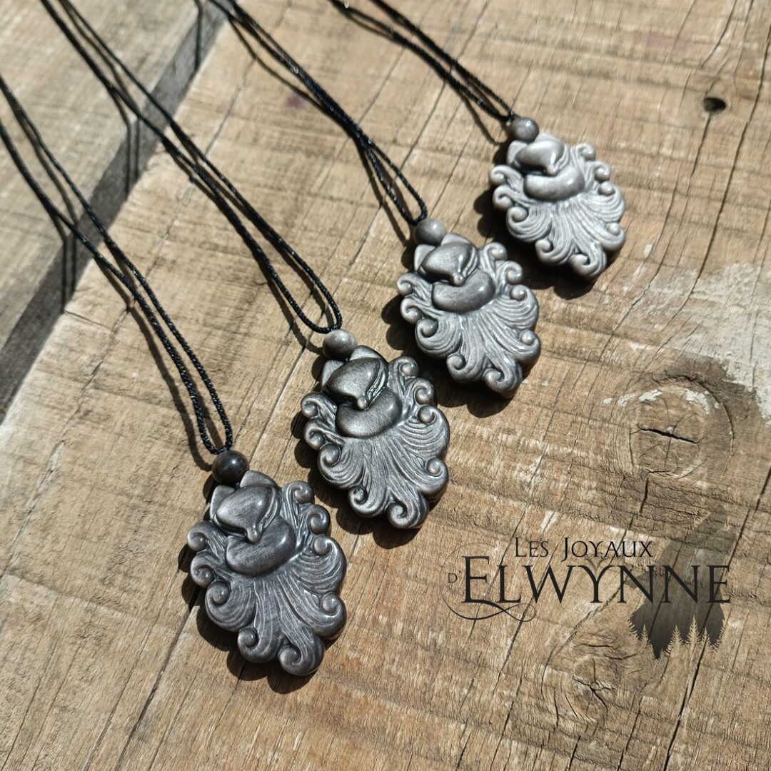 Pendentif Kitsune (Renard) en Obsidienne argentée et sa perle en Obsidienne argentée – Image 2