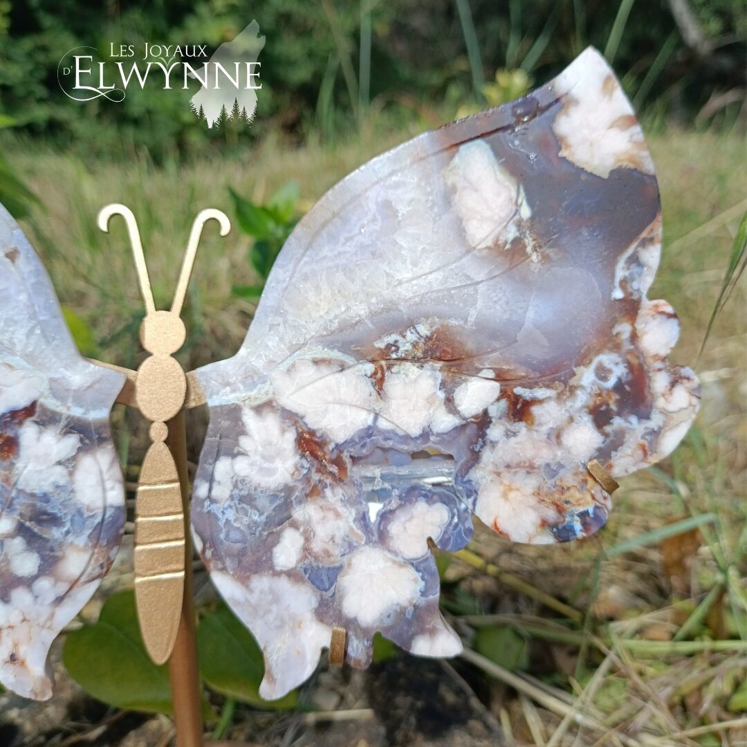 Ailes de papillon en Agate fleur bleue et son support – Image 2