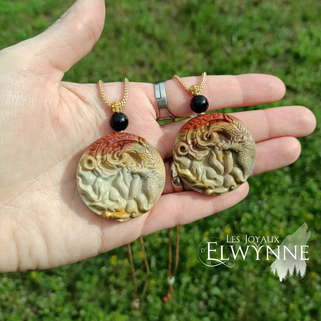 Pendentif Phénix et Kitsune en Agate Alashan – Image 2
