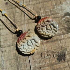 Pendentif Phénix et Kitsune en Agate Alashan